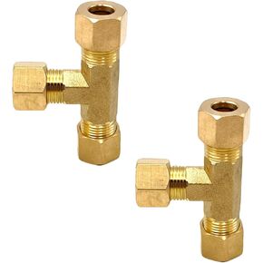 2 Pcs Brass Compression Union Tee Tube Fittings, 5/16" x 5/16" x 5/16" Compression Tee for Gas Line, Oil Pressure Gauges and Air Compressor