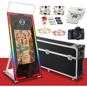 Magic Mirror Photo Booth 65’’ with Fill Light and Flight Case, Portable 32in Touch Screen Mirror Photo Booth with APP Control for Wedding Events Parties Rental