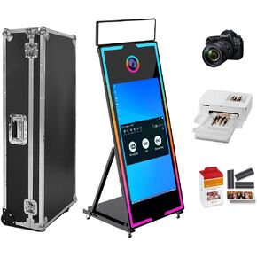 Magic Mirror Photo Booth مع حالة الطيران Movable 65in اللمس مرآة مرآة الجهاز مع عجلات للأحداث حفلات حفلات الزفاف (أسود ، 65-43 '' Magic Mirror + Camera + Printer)