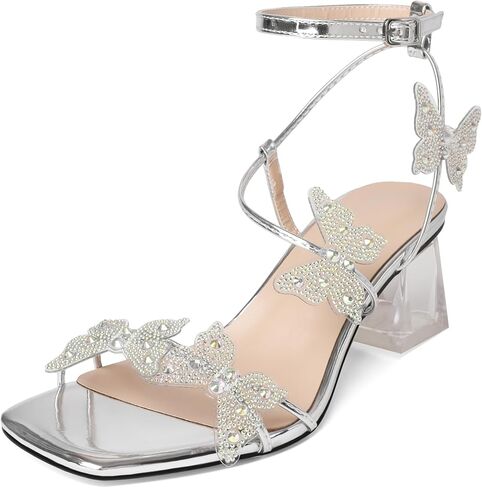 Joseywade Butterfly Heels Heeled Sandals Rhinestone Crystal Diamond Butterflies Heels Open Toe Clear low Heels 2 Inch Women's Shoes in Kuwait