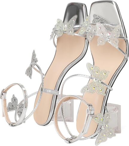 Joseywade Butterfly Heels Heeled Sandals Rhinestone Crystal Diamond Butterflies Heels Open Toe Clear low Heels 2 Inch Women's Shoes in Kuwait