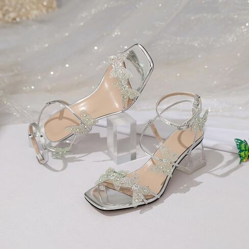 Joseywade Butterfly Heels Heeled Sandals Rhinestone Crystal Diamond Butterflies Heels Open Toe Clear low Heels 2 Inch Women's Shoes in Kuwait