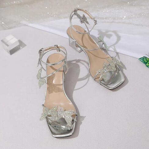Joseywade Butterfly Heels Heeled Sandals Rhinestone Crystal Diamond Butterflies Heels Open Toe Clear low Heels 2 Inch Women's Shoes in Kuwait