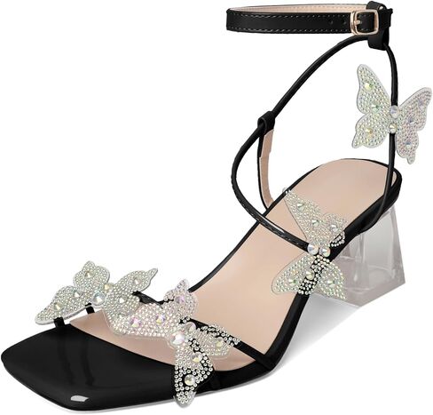 Joseywade Butterfly Heels Heeled Sandals Rhinestone Crystal Diamond Butterflies Heels Open Toe Clear low Heels 2 Inch Women's Shoes in Kuwait