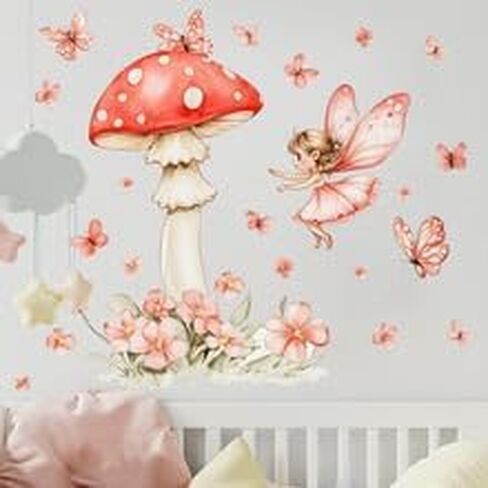 2 Sheets Removable Cute Mushroom Fairy Wall Decals DIY Green Plants and Flower Wall Decals Peel and Stick Pink Butterfly Decal for Girls Home Nursery Bedroom Bathroom Decor in Saudi Arabia