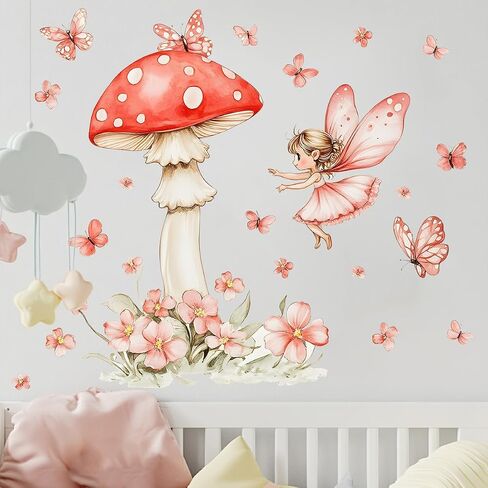 2 Sheets Removable Cute Mushroom Fairy Wall Decals DIY Green Plants and Flower Wall Decals Peel and Stick Pink Butterfly Decal for Girls Home Nursery Bedroom Bathroom Decor in Saudi Arabia