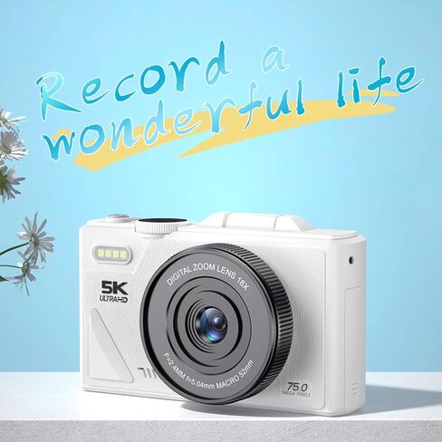 الكاميرا الرقمية للتصوير الفوتوغرافي ، كاميرا Vlogging 5K 75 ميجابكسل مع Zoom رقمي 18x ، وشاشة 3in 180 درجة ، وضبط تلقائي تلقائيًا ، نقطة مضادة للهز ، واطلاق النار على كامارا للمبتدئين (أبيض) (أبيض) in Kuwait