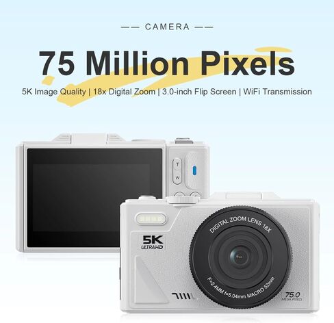 الكاميرا الرقمية للتصوير الفوتوغرافي ، كاميرا Vlogging 5K 75 ميجابكسل مع Zoom رقمي 18x ، وشاشة 3in 180 درجة ، وضبط تلقائي تلقائيًا ، نقطة مضادة للهز ، واطلاق النار على كامارا للمبتدئين (أبيض) (أبيض) in Kuwait