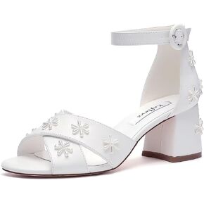 Pearl Heels Open Toe Wedding Shoes for Bride Block Heel Wedding Sandals Ankle Buckle Strap Bridal Shoes