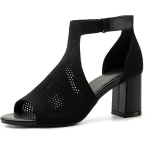 Women's Mousse Fit Knit Ankle Strap Sandals, Open Toe Block Chunky Heel Pumps