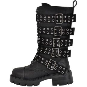 LISHAN Women's Round Toe Platform Chunky Heel Motorcycle Boots With Buckles Straps Biker Riding Mid Calf Boots