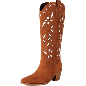 Womens Knee High Cowboy Boots for Women,Slim Calf Cowgirl Western Boots With Pull On Tab,Embroidered Snip Toe Vintage Cowboy Tall Boots for Women