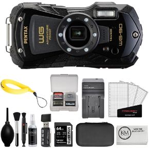 Pentax WG-90 Digital Camera (Black) Bundled with Photo Starter Kit + 64GB Memory Card + Charger + Floating Strap + Microfiber Cleaning Cloth (6 Items)