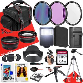 حزمة ملحق 49 مم لـ Canon EOS: M100 ، M200 ، M50 Mark II ، M10 ، M ، M50 + عدسة واسعة وعدسة تليفوتوغرافي + بطارية + 64 جيجابايت من بطاقة الذاكرة + شاحن البطارية + أكثر (حزمة 22pc)