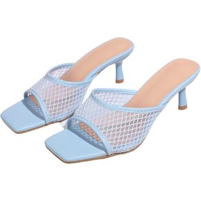 MakeMeChic Women's Mesh Mule Heeled Sandals Square Open Toe PU Leather Stiletto Sandals