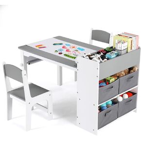 طاولة Arlopu Kids Art وكراسيان ، مكتب رسم حرف صغير مع أرفف تخزين كبيرة ، 4 صناديق تخزين ولفائف ورقية ، نشاط أطفال وأثاث طاولة الدراسة ، للرعاية النهارية ، غرفة اللعبة