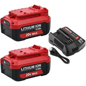 2 Packs 6.0Ah Lithium ion 20 Volt CMCB206 Replacement for Craftsman V20 Battery and CMCB104 Charger Compatible with Craftsman 20V Battery CMCB201 CMCB202 CMCB204 CMCB205 CMCB209 (Red)