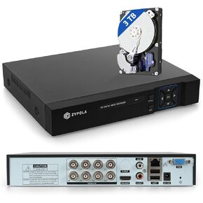 Zypola® 1080p 8 Channel Hybrid CCTV DVR Recorder, H.265, Remote Access, HDMI & VGA Output, Supports CVBS/TVI/AHD/CVI/IP Cameras, Pre-Installed 3 TB Hard Drive