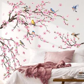 Pink Butterflies and Botanical Plum Blossom Trees Wall Stickers Vinyl Wall Decals for Nursery Bedroom Living Room Bathroom