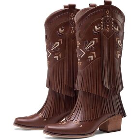 Cowboy Boots for Women Fringe Embroidered Knee High Western Cowgirl Boots Pointed Toe Chunky Heels