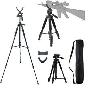Rifle Shooting Tripod with 360 Swivel V-Bracket and Camera Tripod Mount Adapter - Aluminum Frame, Bubble Level, Adjustable Legs for Hunting and Outdoor Activities