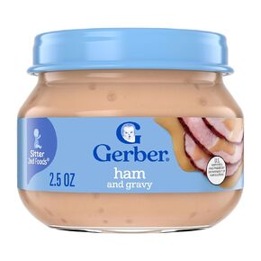 Gerber Stage 2 Baby Food, Ham and Gravy Jar, Baby Food Puree, Baby Mealtime, Baby Puree Jars Glass
