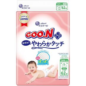 Plus+ Diapers S Size S (حتى 17.6 رطل) للجنسين 1 حزمة 62 شريط الأشرطة البشرة الحساسة ، مصنوعة في اليابان