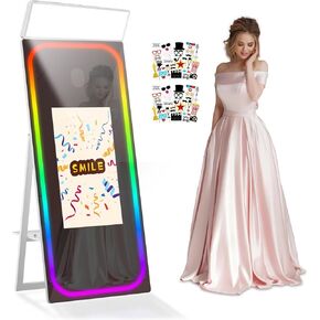 Magic Mirror Photo Booth 65'' with 32'' Touch Screen Selfie Mirror Photo Booth with Flight Case, Music Sync Lamp App Remote Control RGB Light for Event Rentals
