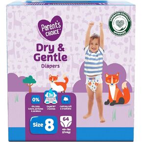 Parent's~Choice Dry & Gentle Diapers, Daytime Diapers Size 8, 64 Count, 46+ lbs, Latex-Free