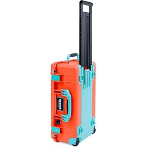 Orange Pelican 1535 Air case, with Teal Handles, latches, & Trolley. Comes Empty & with Wheels.