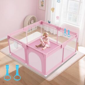 Small Baby Playpen 47"x47" - Play Pens for Babies and Toddlers with 2 Pull Rings - Sturdy Safety Baby Fence Play Area with Breathable Mesh for Indoor & Outdoor, Pink