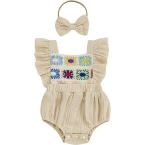 SHIBAOZI Baby Girl Crochet Romper Flower Flutter Sleeve Jumpsuit Infant Toddler Summer Clothes with Bow Headband