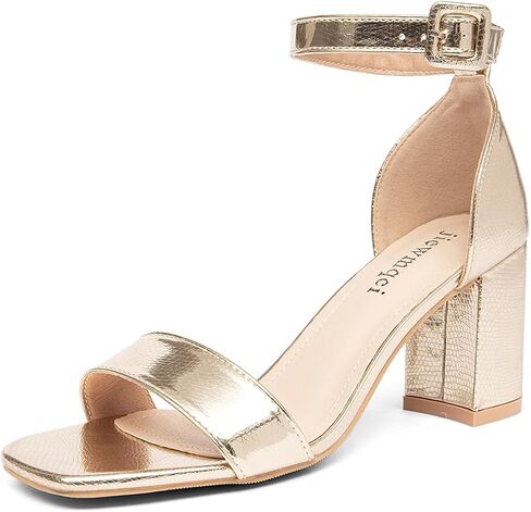 Women's Small Heel Sandals Gold Metallic Ankle Strap High Heel Sandals Square Open Toe Dress Party Shoes 3-Inch Heel in Saudi Arabia