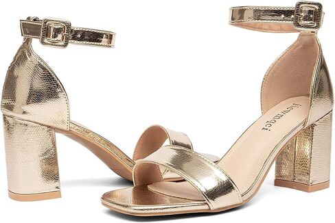 Women's Small Heel Sandals Gold Metallic Ankle Strap High Heel Sandals Square Open Toe Dress Party Shoes 3-Inch Heel in Saudi Arabia