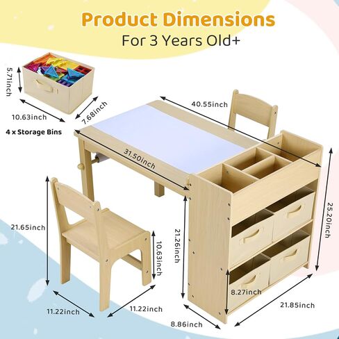 Arlopu Kids Art Table and 2 Chairs, Toddler Craft Drawing Desk with Large Storage Shelves, 4 Storage Bins and Paper Roll, Kids Activity and Study Table Furniture, for Daycare, Game Room in Kuwait