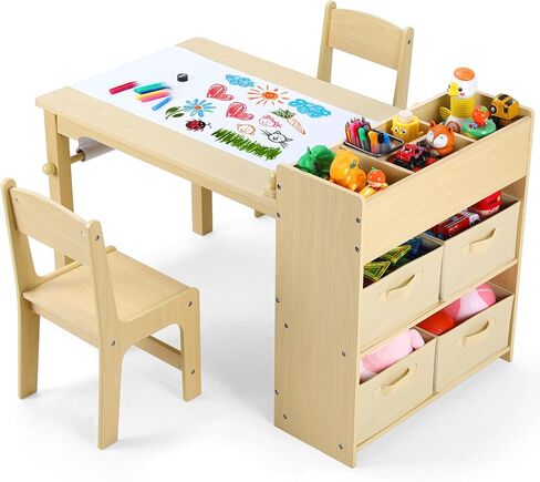 Arlopu Kids Art Table and 2 Chairs, Toddler Craft Drawing Desk with Large Storage Shelves, 4 Storage Bins and Paper Roll, Kids Activity and Study Table Furniture, for Daycare, Game Room in Kuwait