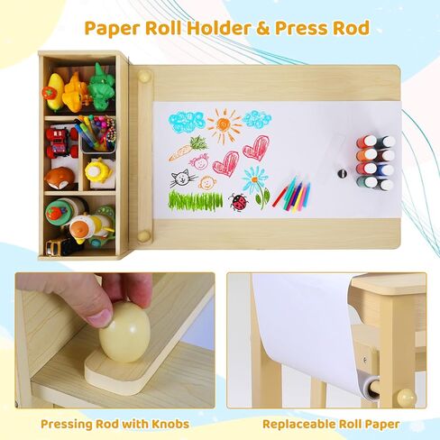 Arlopu Kids Art Table and 2 Chairs, Toddler Craft Drawing Desk with Large Storage Shelves, 4 Storage Bins and Paper Roll, Kids Activity and Study Table Furniture, for Daycare, Game Room in Kuwait
