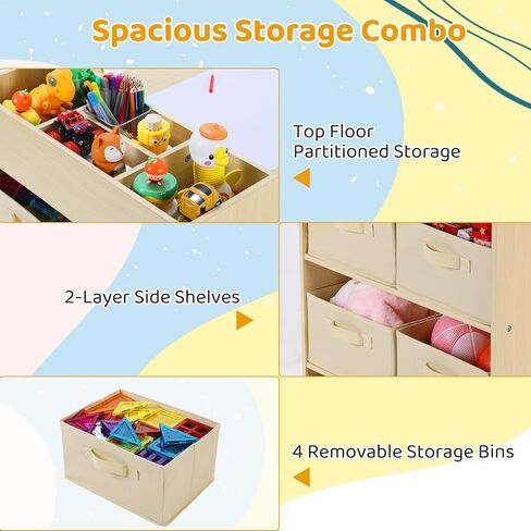 Arlopu Kids Art Table and 2 Chairs, Toddler Craft Drawing Desk with Large Storage Shelves, 4 Storage Bins and Paper Roll, Kids Activity and Study Table Furniture, for Daycare, Game Room in Kuwait