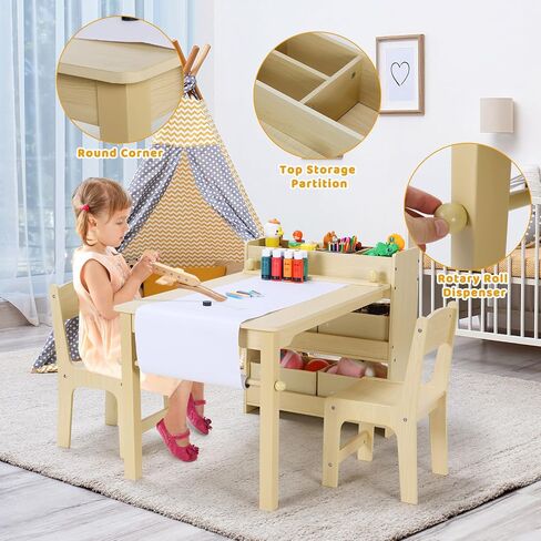 Arlopu Kids Art Table and 2 Chairs, Toddler Craft Drawing Desk with Large Storage Shelves, 4 Storage Bins and Paper Roll, Kids Activity and Study Table Furniture, for Daycare, Game Room in Kuwait