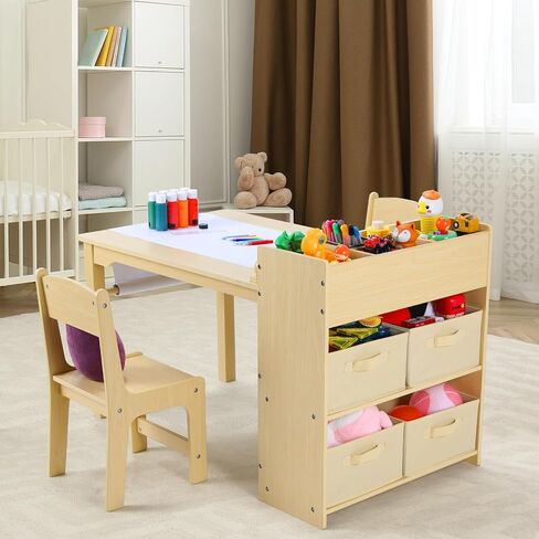 Arlopu Kids Art Table and 2 Chairs, Toddler Craft Drawing Desk with Large Storage Shelves, 4 Storage Bins and Paper Roll, Kids Activity and Study Table Furniture, for Daycare, Game Room in Kuwait