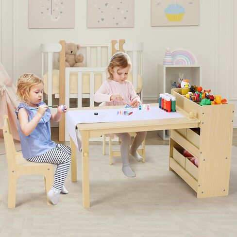 Arlopu Kids Art Table and 2 Chairs, Toddler Craft Drawing Desk with Large Storage Shelves, 4 Storage Bins and Paper Roll, Kids Activity and Study Table Furniture, for Daycare, Game Room in Kuwait