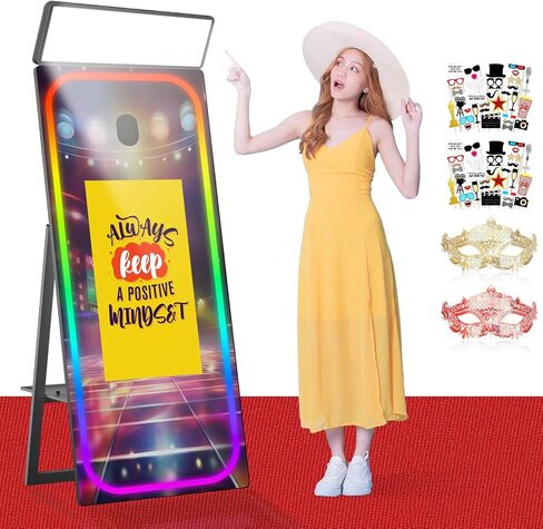 Magic Mirror Photo Booth 65'' with 32'' Touch Screen Selfie Mirror Photo Booth with Flight Case, Music Sync Lamp App Remote Control RGB Light for Event Rentals in Saudi Arabia