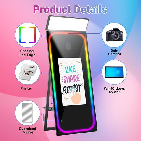 Magic Mirror Photo Booth 65'' with 32'' Touch Screen Selfie Mirror Photo Booth with Flight Case, Music Sync Lamp App Remote Control RGB Light for Event Rentals in Saudi Arabia