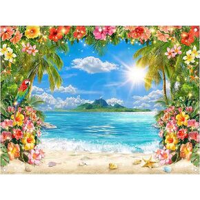 ZTHMOE Fabric 7x5ft Summer Hawaii Beach Photography Backdrop Tropical Palm Trees Blue Sky Ocean Surfboard Flowers Background Luau Party Decorations Aloha Photo Booth Props