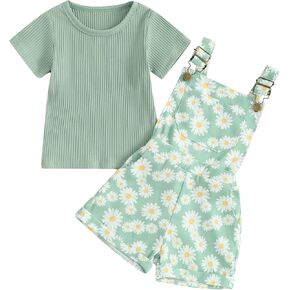 Summer Baby Girl Clothes Ribbed T-Shirt Top Daisy Flower Overalls Shorts with Pockets 2Pcs Little Girls Cute Outfits