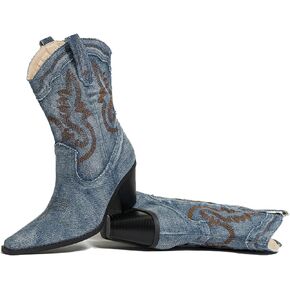 Women's Embroidered Denim Pull On Block Heel Cowgirl Boots Pointed Toe Comfort Non Slip Vintage Mid Calf Boots for Party Cocktail Parties