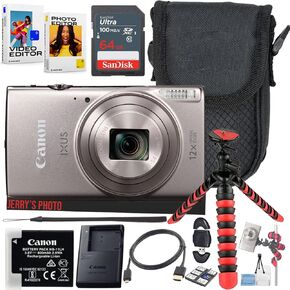 Canon PowerShot IXUS 285 / ELPH 360 HS Compact Digital Camera 12x Optical Zoom (Silver) Bundle with 64GB Memory Card + Camera Case + Card Reader + Spider Tripod + More (12pc Bundle) (Renewed)