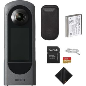 RICOH Theta X 360° Camera – 5.7K Video & Dual 48MP Sensor for Immersive Content Creation with 128GB Extreme UHS-I microSDXC Memory Card and SD Adapter, Waith Cleaning Cloth Bundle Set