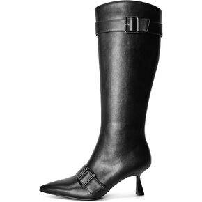 Knee High Boots for Women Kitten Heel Pointed Toe Long Dress Boots Buckles