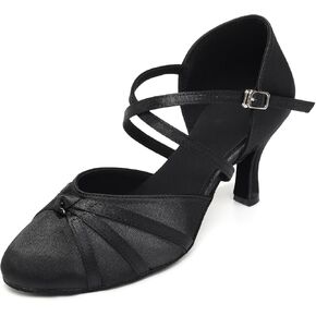Ballroom Salsa Dance Shoes for Women Latin Satin Closed Toe Dancing Heels 3 Inch Heel Suede Sole